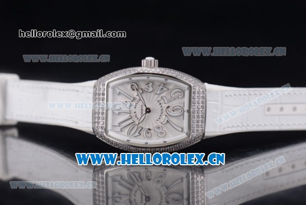 Franck Muller Black Croco Ronda 762 Quartz Steel Case with White Dial Arabic Numeral Markers and White Leather Strap Diamonds Bezel - Click Image to Close